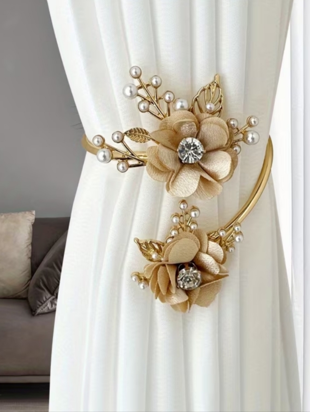 Elegant Gold Flower Pearl Curtain Tieback - Gold Curtain Holdback